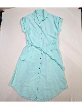 Chicos Size 2 Large Button-Down Tie-Waist Midi Shirt Dress Aqua Mint